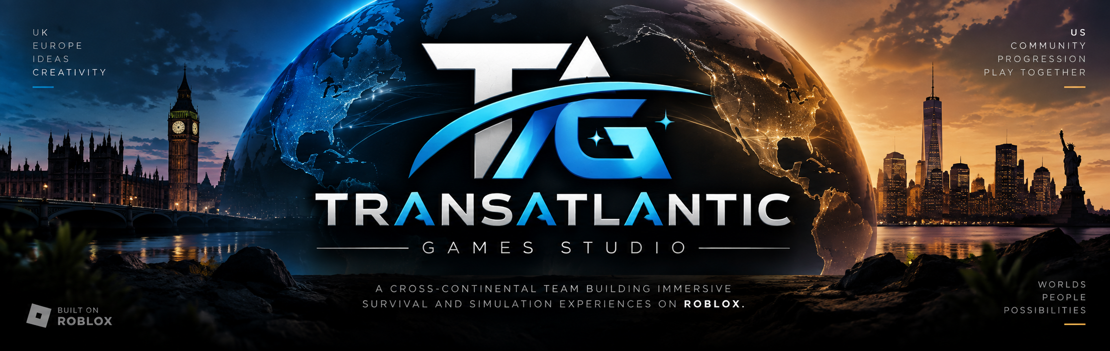 Transatlantic Games Studio emblem connecting London and New York across the globe